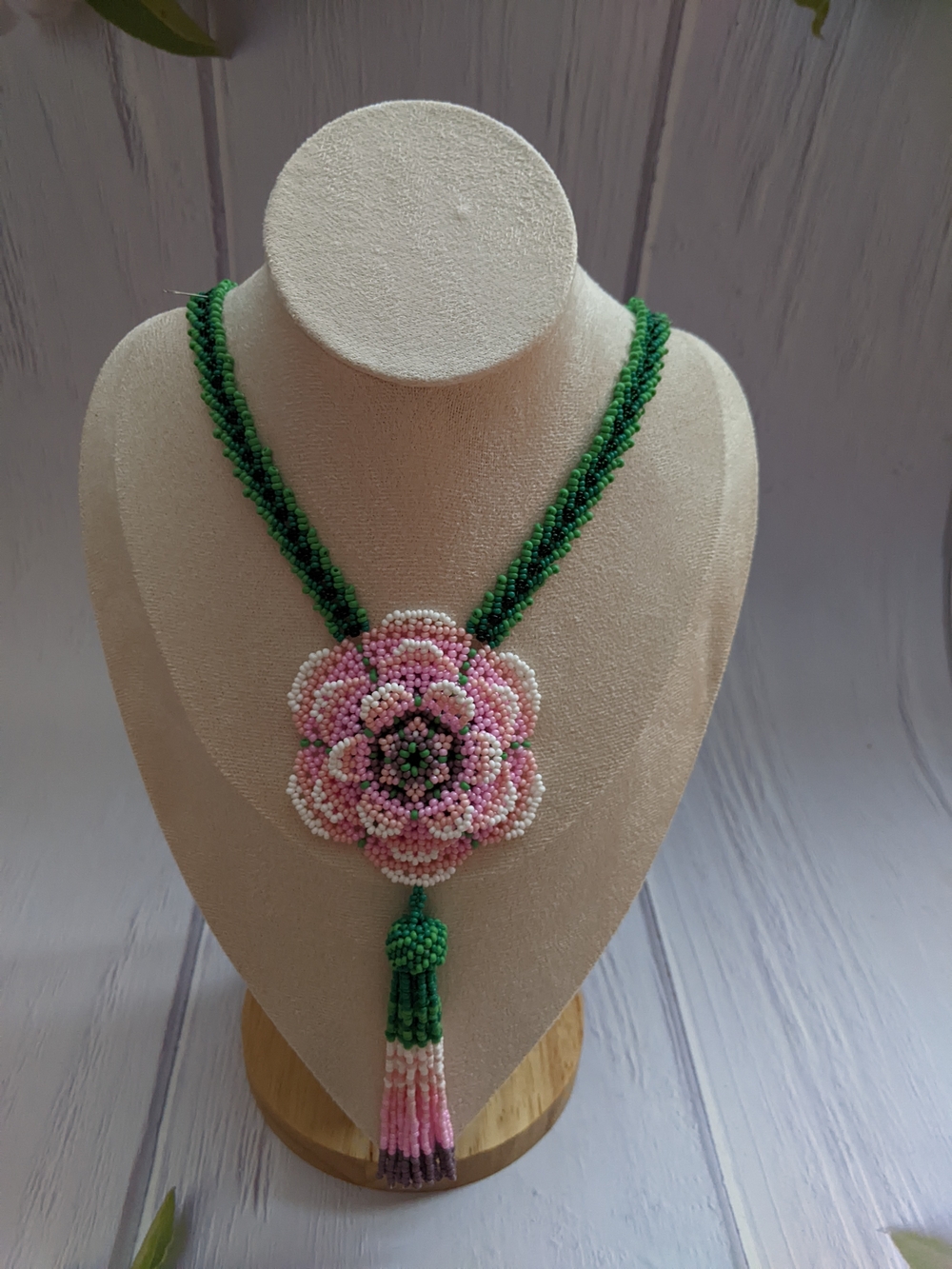 Pink & Green Beaded Floral Statement Necklace